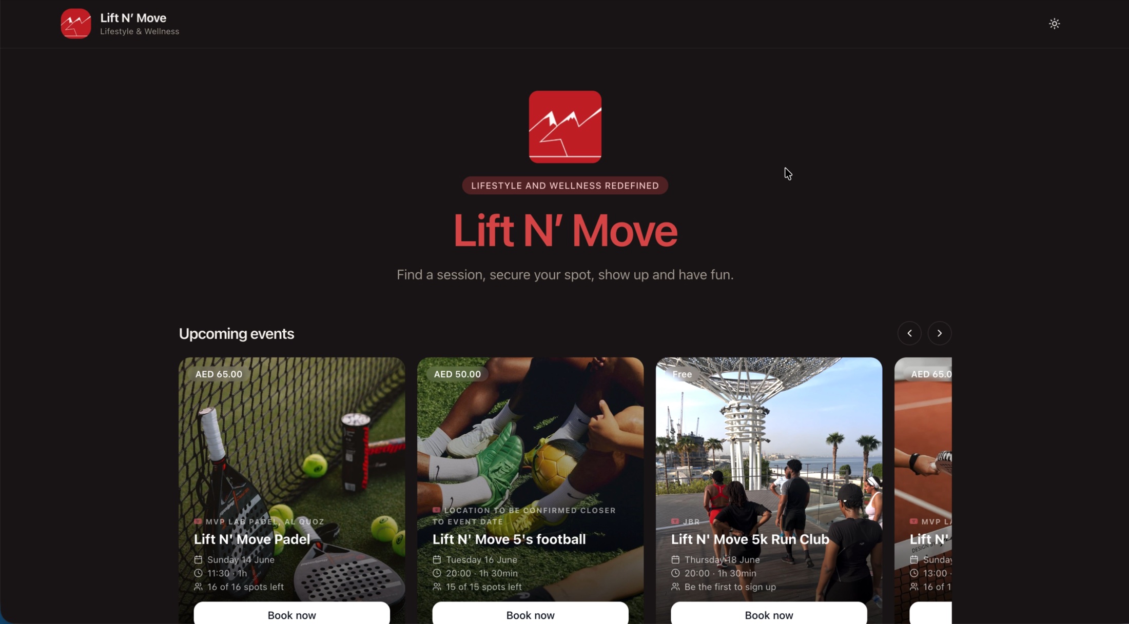 LiftNMove booking site homepage with upcoming events
