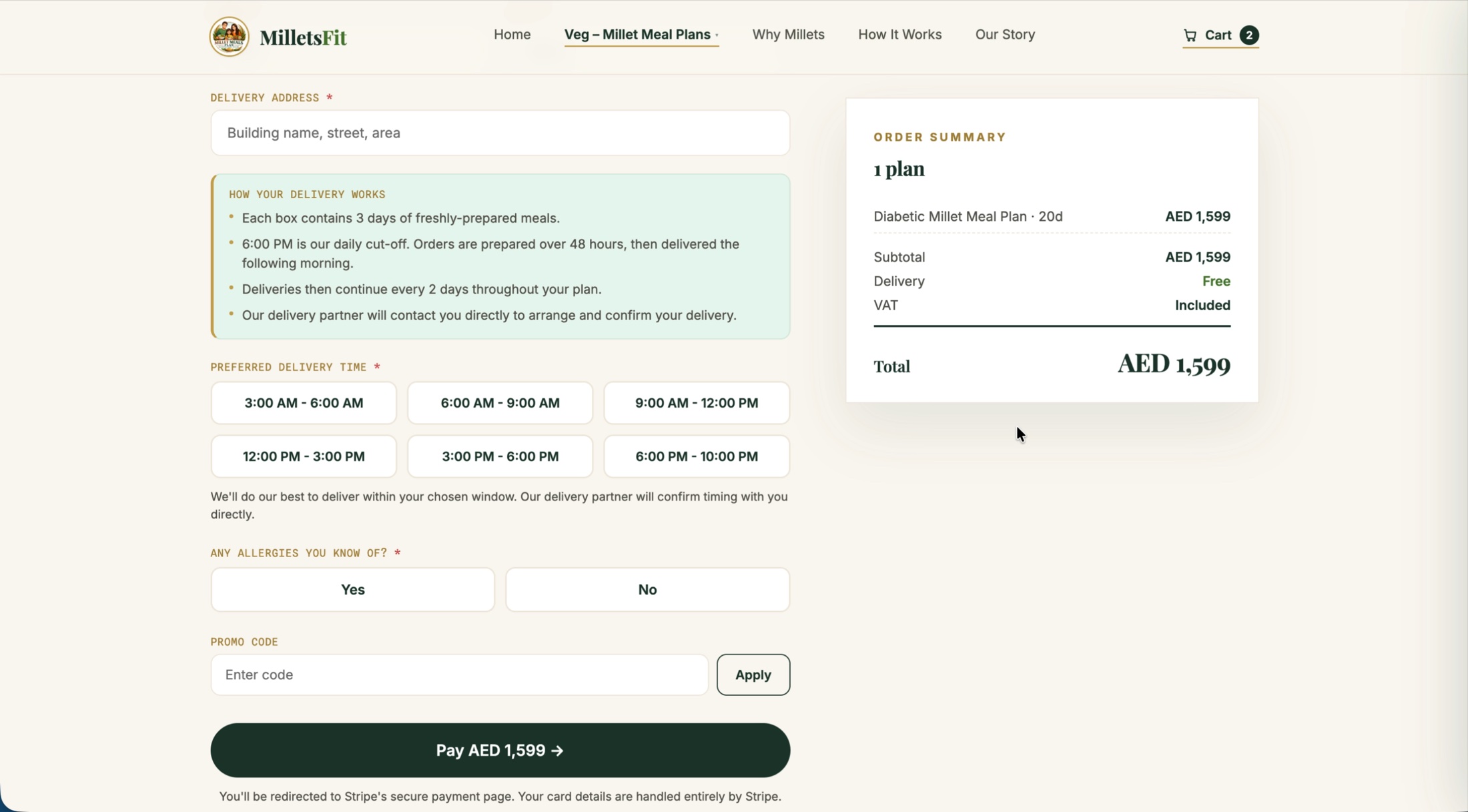 MilletsFit checkout with delivery options and Stripe payment