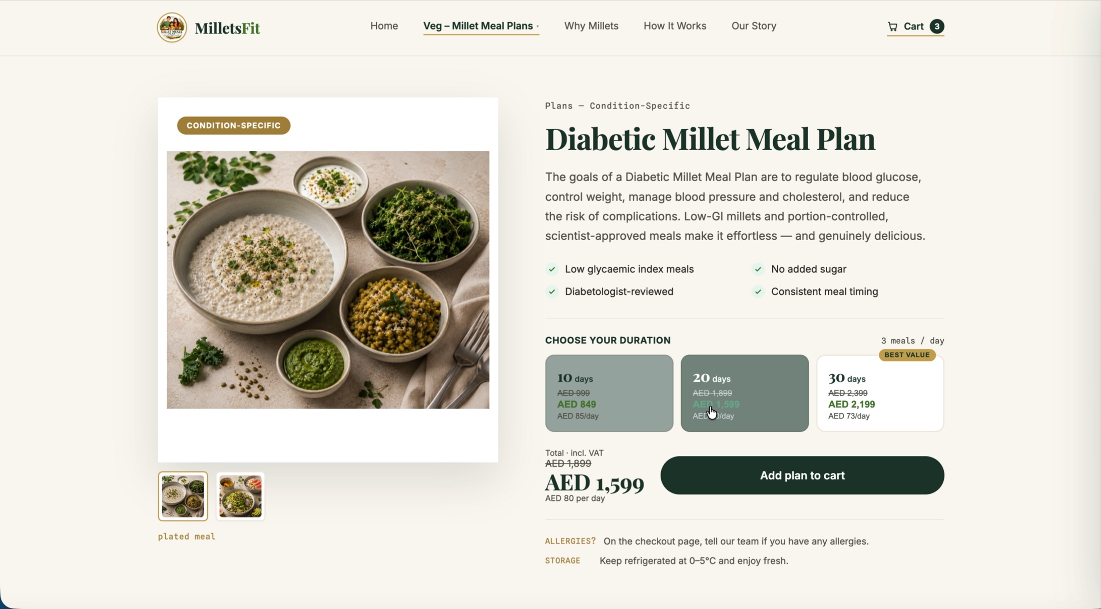 MilletsFit condition-specific meal plan page